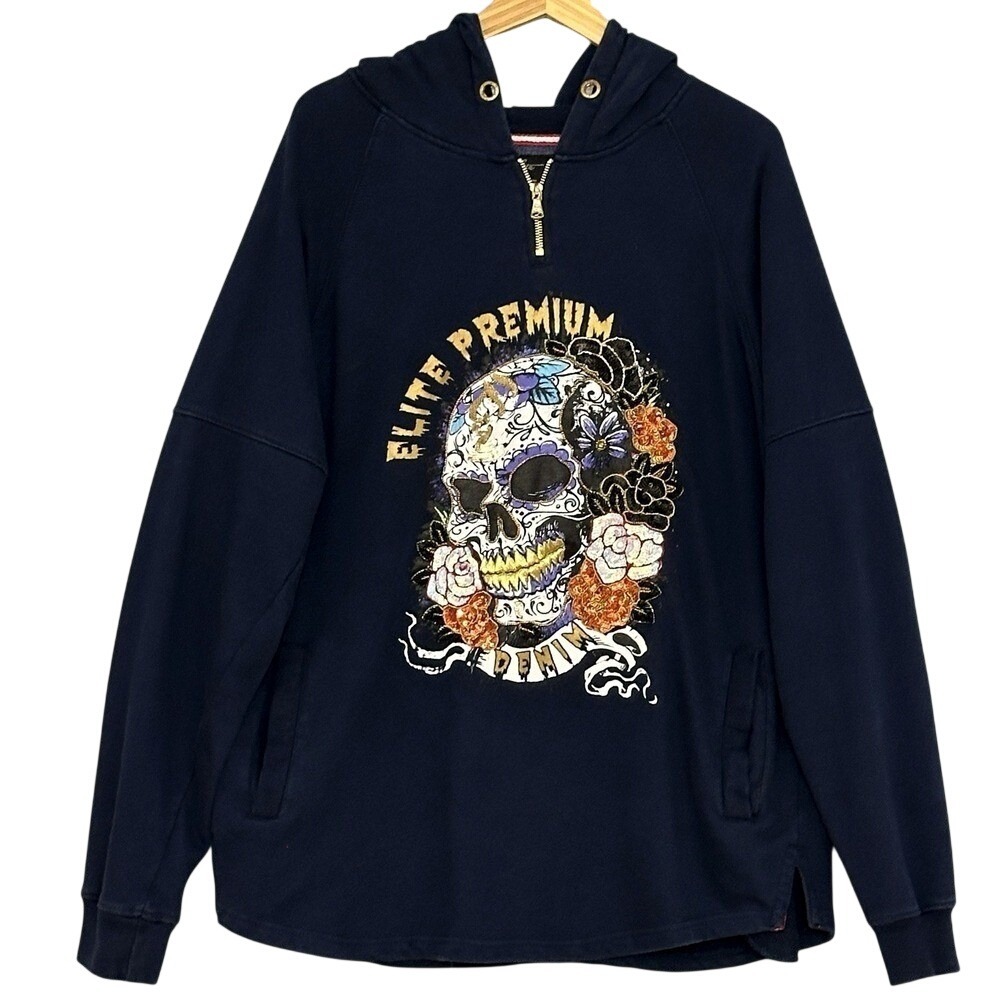 Y2K Grunge Rocker Mens Sweatshirt XL Blue Skull Day Dead Streetwear Biker Skater